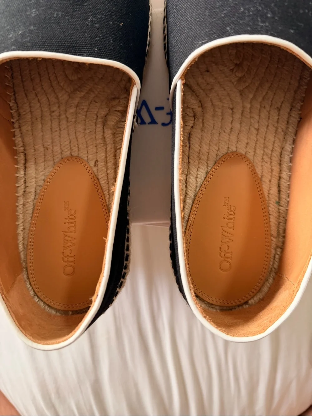 Off-White Black Canvas Slip-On Espadrilles with Natural Trim